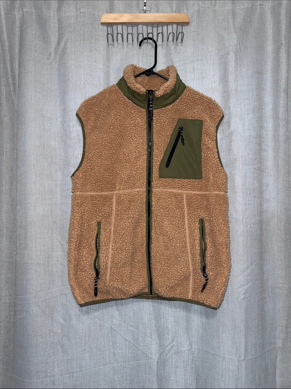 Noisy May Tan Sherpa Vest with Olive Trim